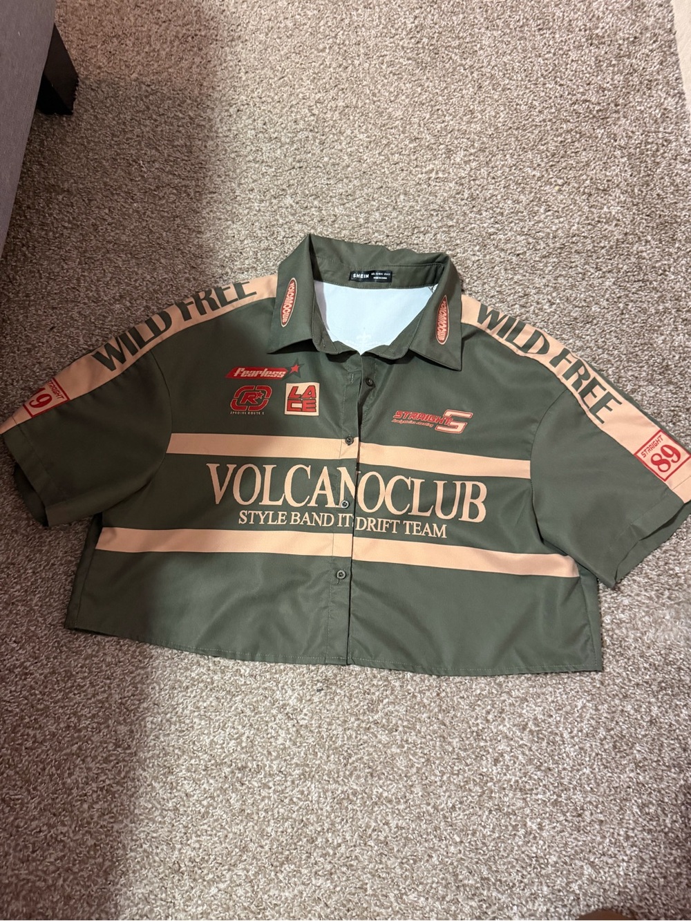 SHEIN Olive Green and Beige 'Volcano Club' Button Down Crop Shirt